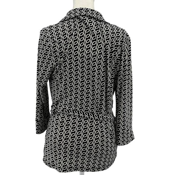 Worthington Stretch Dress Top Women M Black Geometric Print Wrap Belted Collared - Picture 3 of 5
